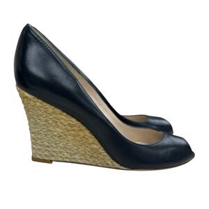 L.K. Bennett Black Leather Peep Toe Wedge Heels